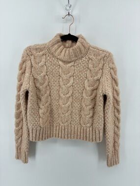 Cozy Cream Beige Cable Knit 4% Wool Blend Turtleneck Sweater